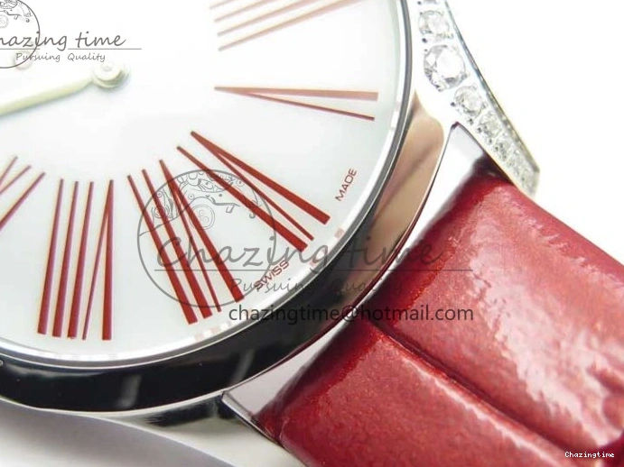 0402 Ladies’ De Ville Trésor Diamond SS 3AF 1:1 Best Edition White Dial On Red Leather Strap Swiss Quartz Snug 7885